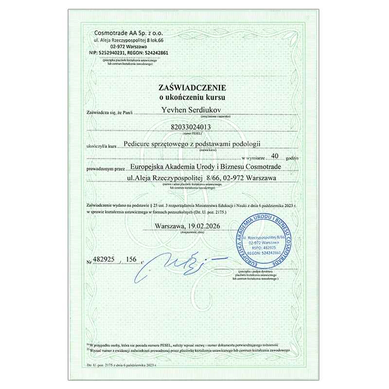 Zaświadczenie pedicure
